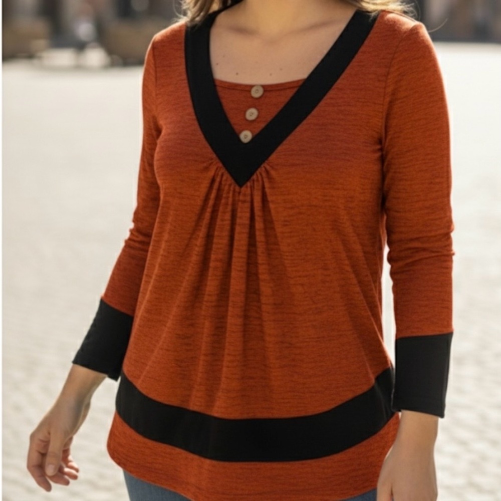 Pleated Front Button Splice Accent V-Neck Top, Women’s L, Burnt Orange Black